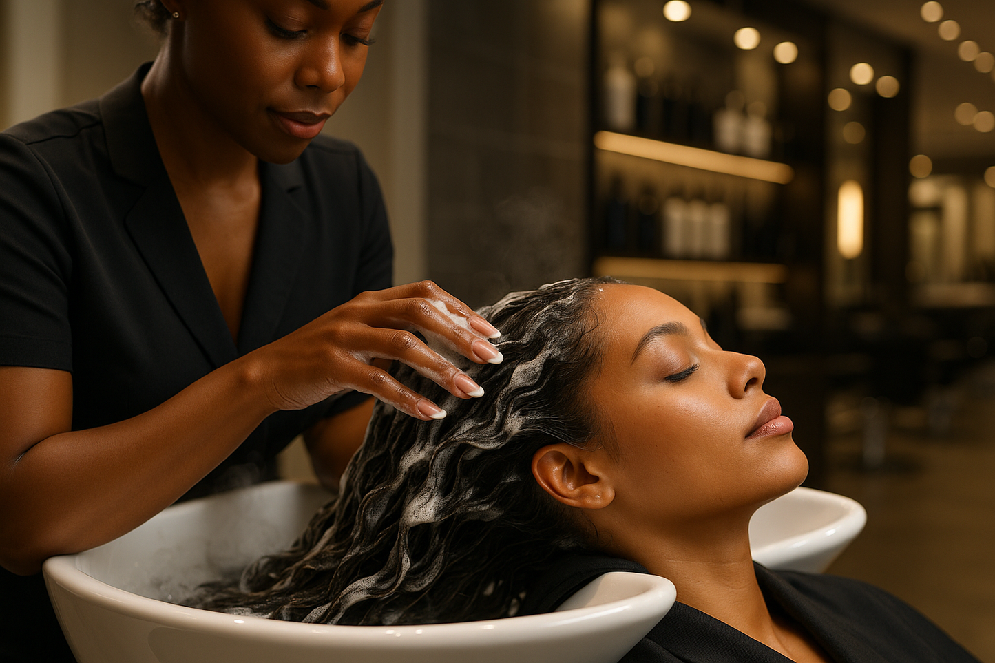 black woman getting her long hair shampooed by a black woman in a salon. the stylist has a polished french manicure